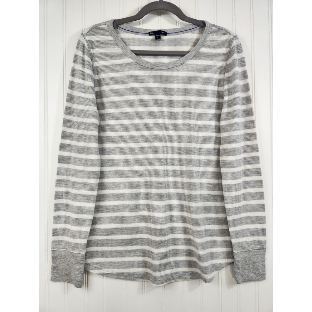 Gap Women's Grey White‎ Striped Waffle Knit Thermal Long Sleeve Top L Cozy